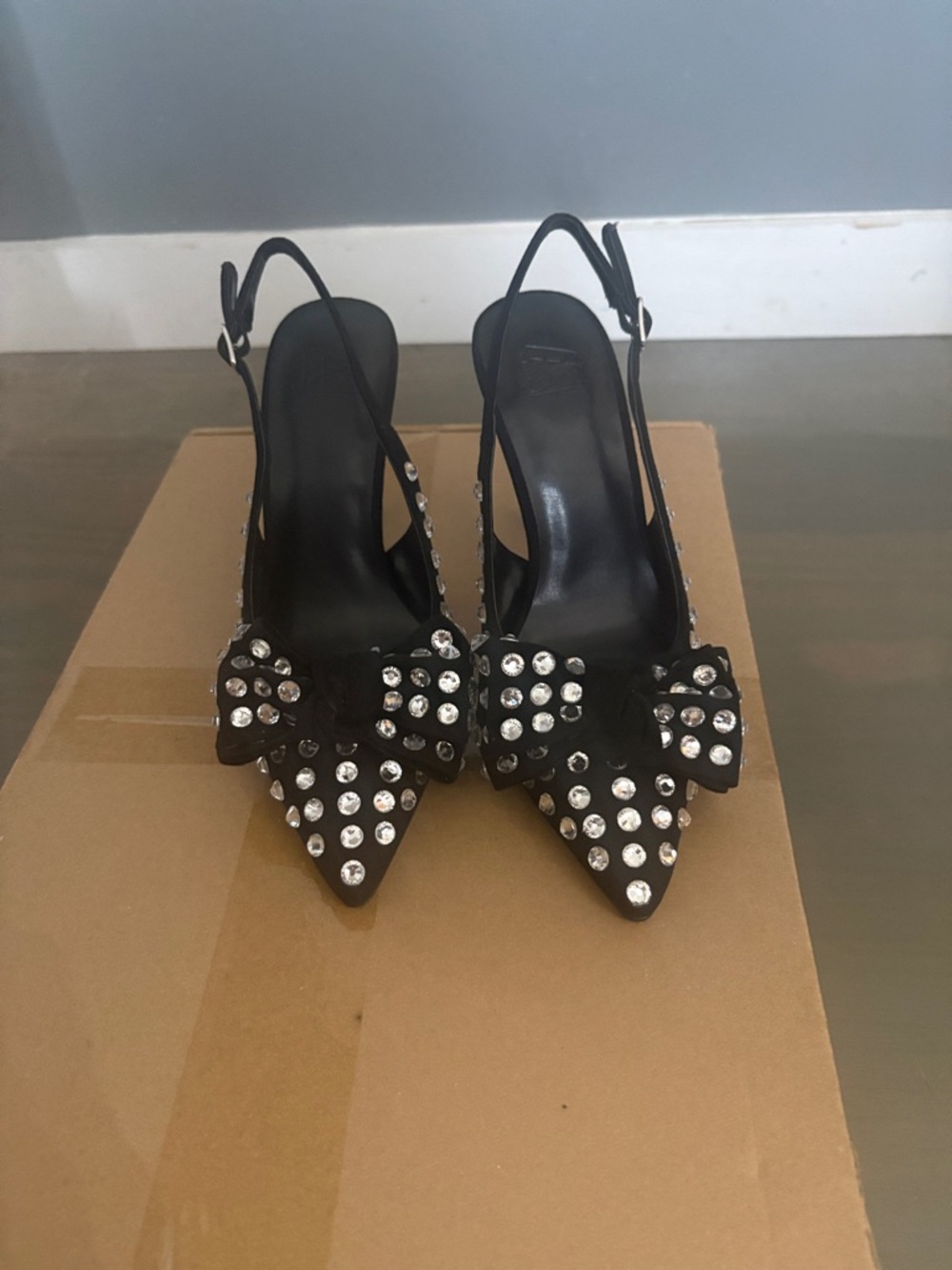 Black Slingback Pointed Toe Heels with Crystal Bow Detail